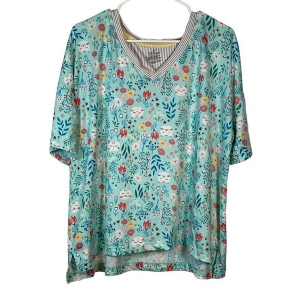 Cuddl Duds Pajama Cat Cats V-Neck Shirt Top Size Large EUC #0557-OC